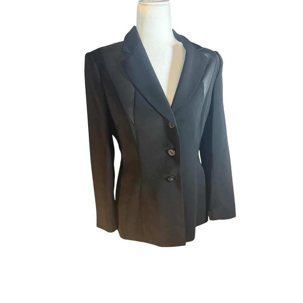 Tahari by Arthur S. Levine Womens Black Faux Leather Trim Blazer Jacket Size 6